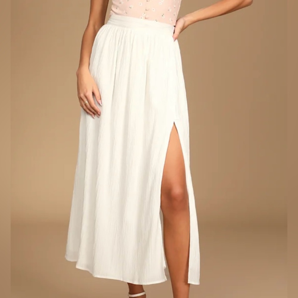 Lulu's White Midi Skirt with Front Slit